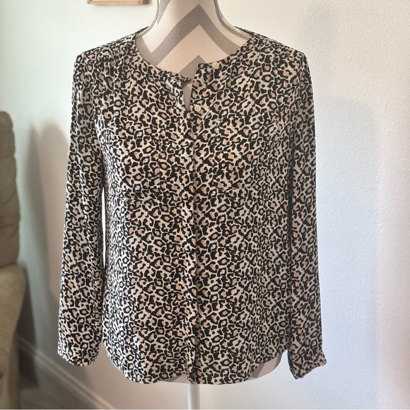LOFT Tops - Women’s LOFT Petite Blouse – Black & Tan Animal Print Long Sleeve Top  Small